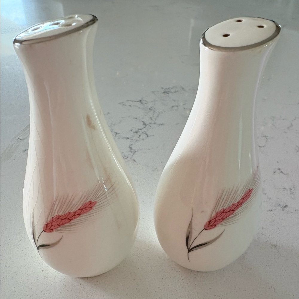 Vintage Mid Century Modern Ceramic Salt & Pepper Shakers with Pink Wheat Motif